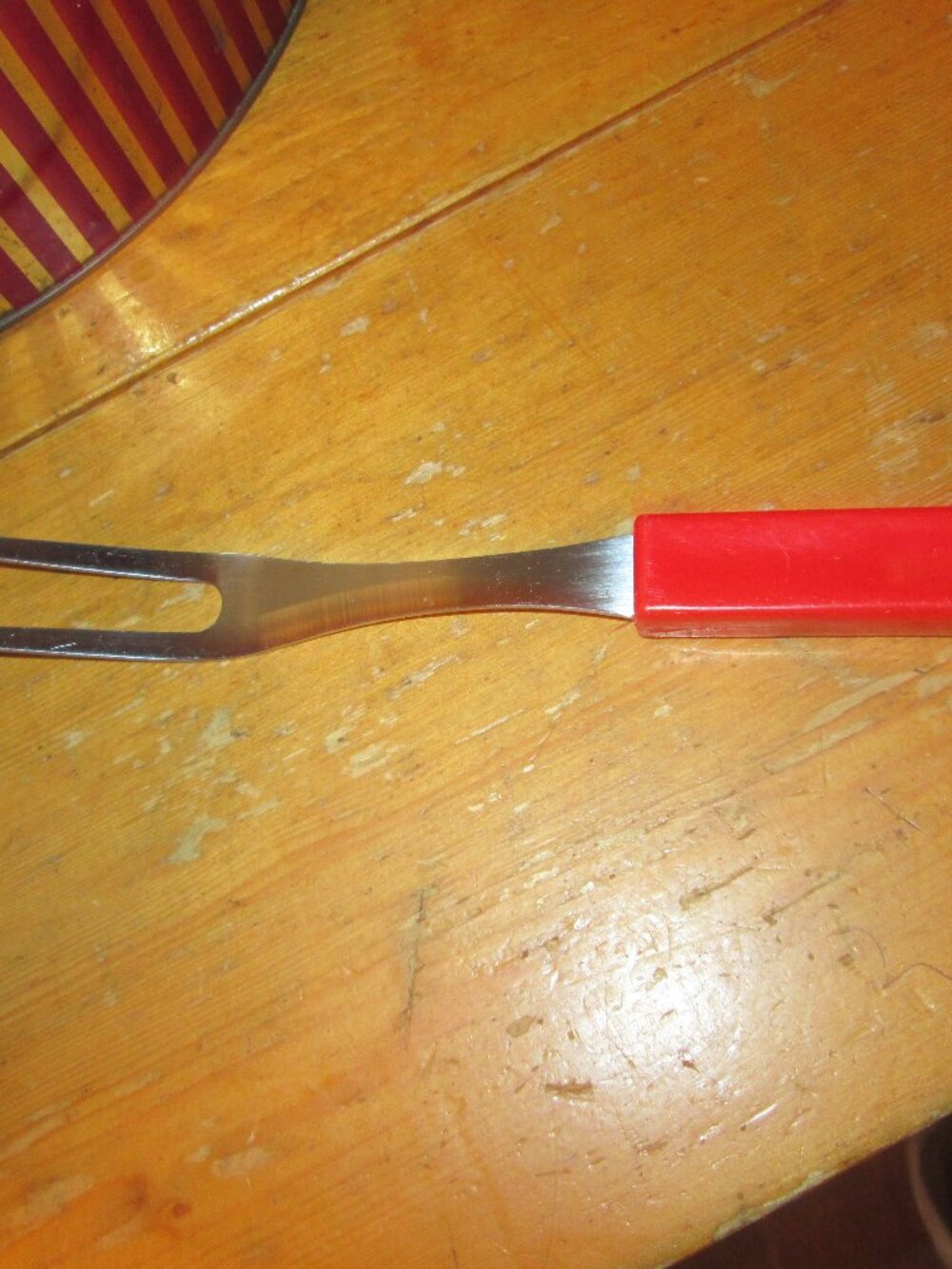 Vintage MCM quikcut stainless red bakelite handle 2 prong meat fork